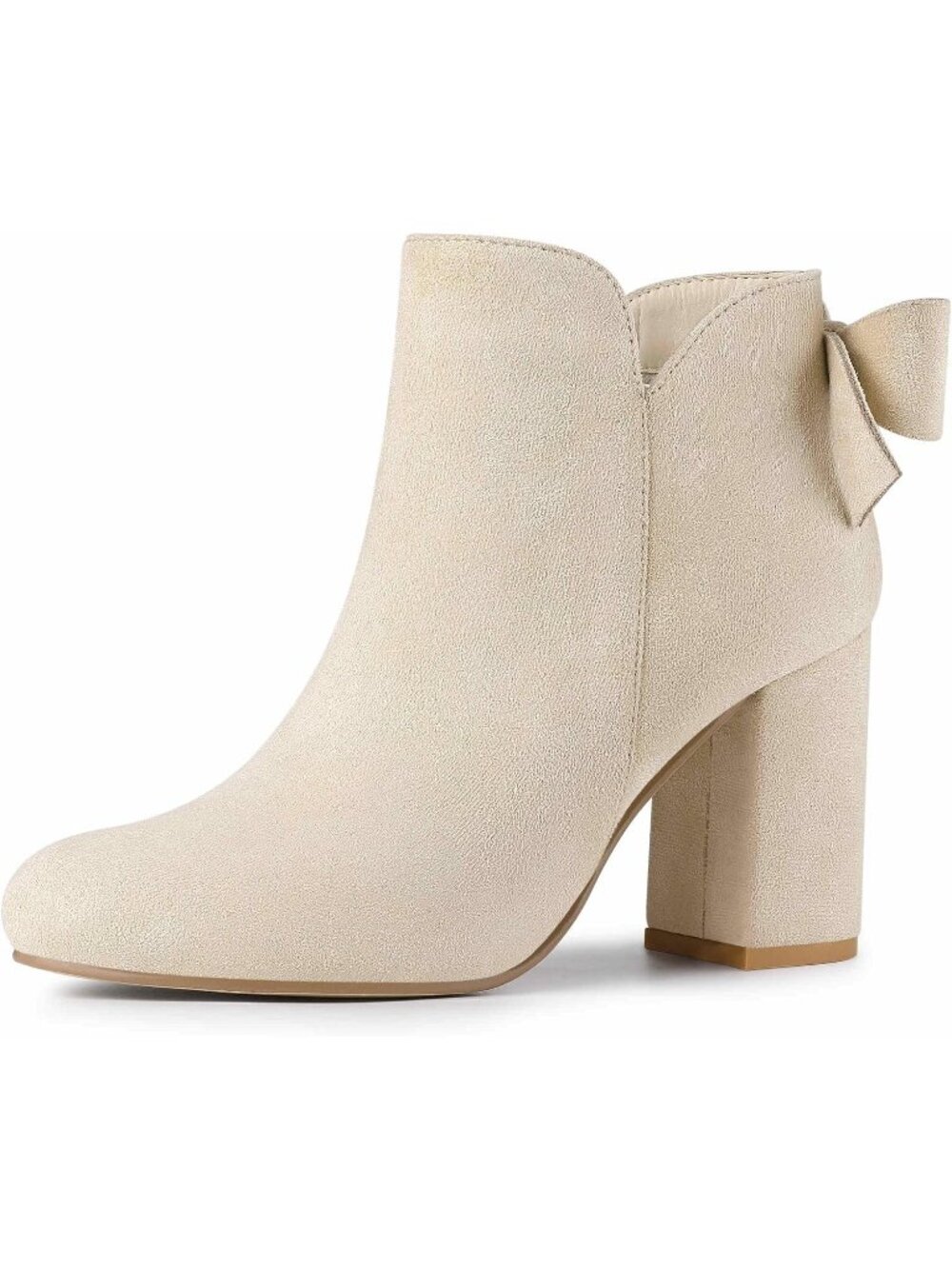 Women's Beige Round Toe Bow Decor Chunky Heel Side Zipper Stylish Ankle Boots